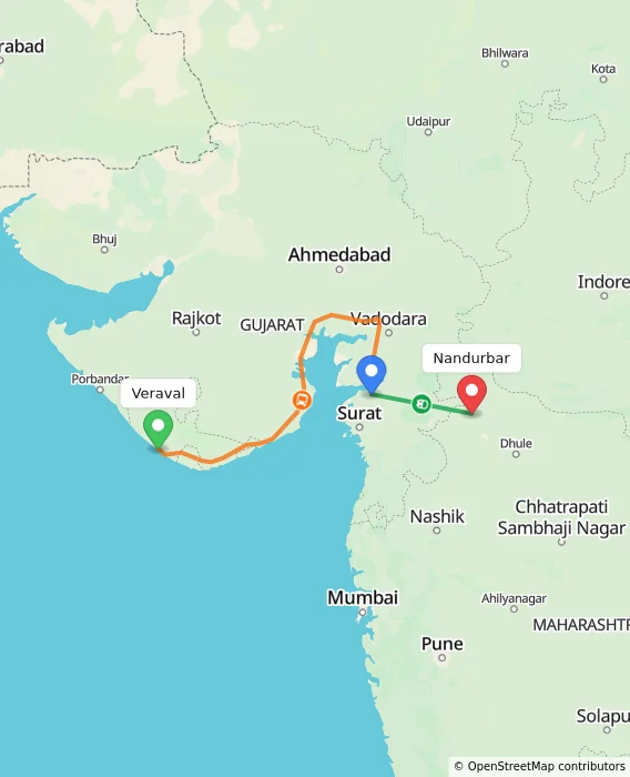 Route map showing distance and travel time from Veraval, India to Nandurbar, India