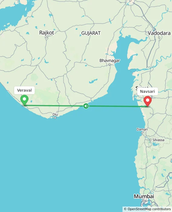 Route map showing distance and travel time from Veraval, India to Navsari, India
