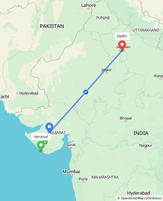 Route map showing distance and travel time from Veraval, India to Delhi, India