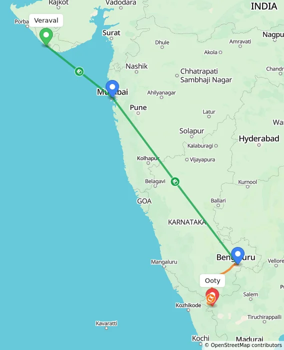 Route map showing distance and travel time from Veraval, India to Ooty, India