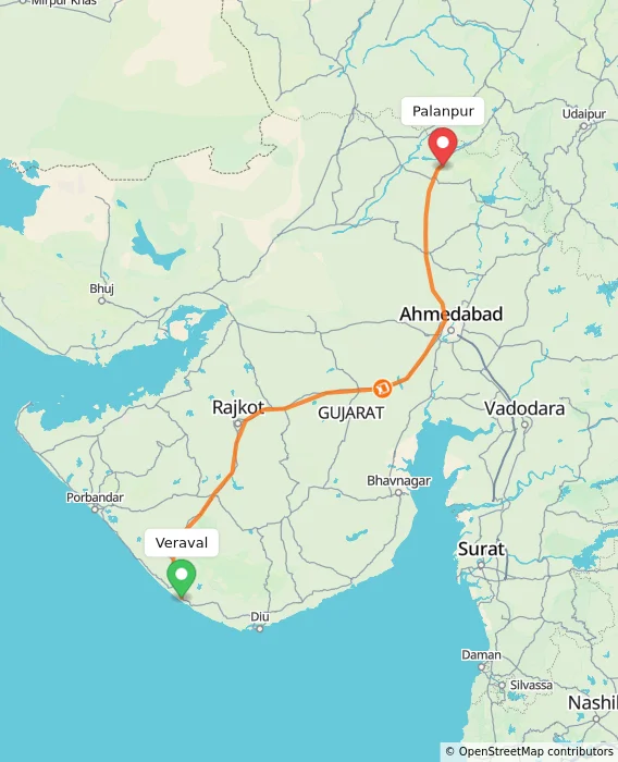 Route map showing distance and travel time from Veraval, India to Palanpur, India