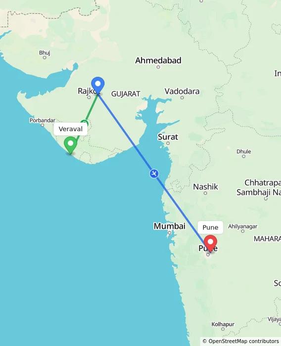 Route map showing distance and travel time from Veraval, India to Pune, India