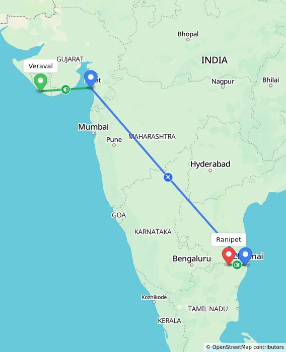 Route map showing distance and travel time from Veraval, India to Ranipet, India