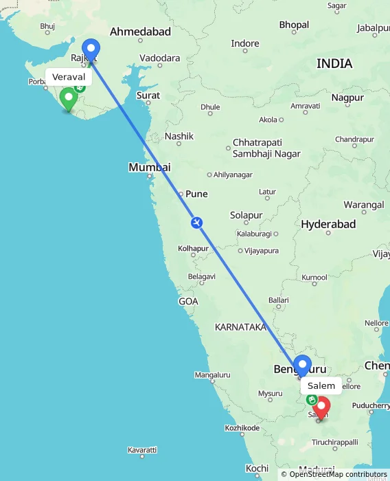 Route map showing distance and travel time from Veraval, India to Salem, India