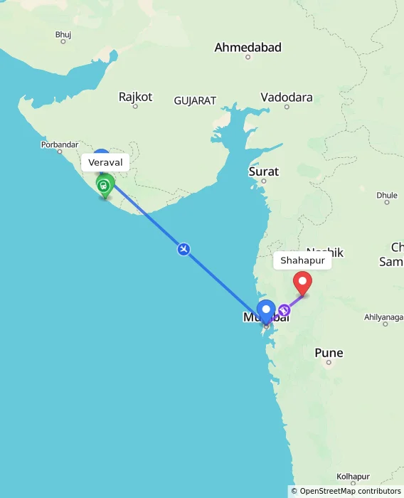 Route map showing distance and travel time from Veraval, India to Shahapur, India