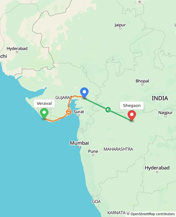 Route map showing distance and travel time from Veraval, India to Shegaon, India
