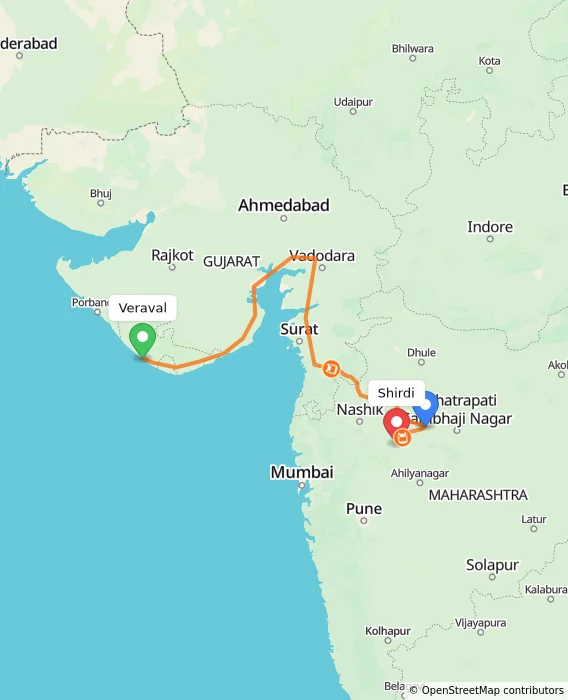 Route map showing distance and travel time from Veraval, India to Shirdi, India