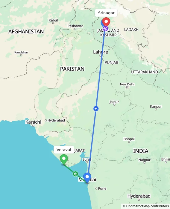Route map showing distance and travel time from Veraval, India to Srinagar, India