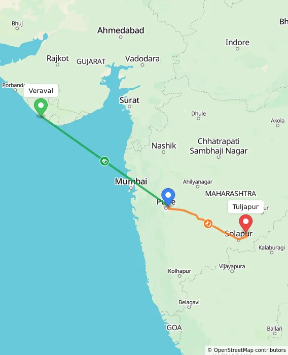 Route map showing distance and travel time from Veraval, India to Tuljapur, India