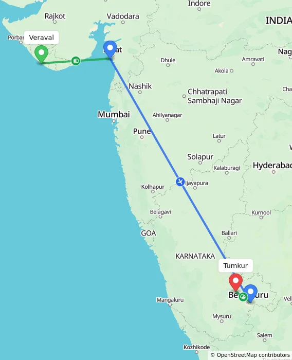Route map showing distance and travel time from Veraval, India to Tumkur, India