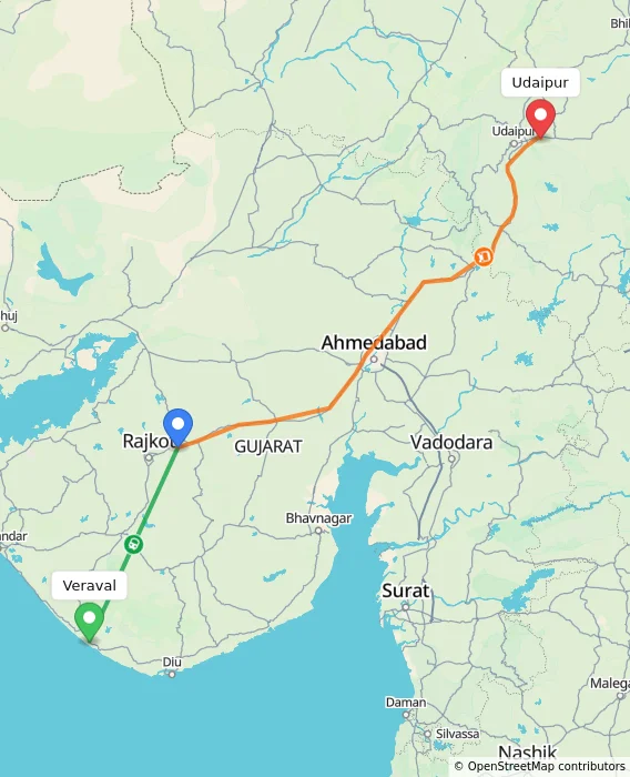 Route map showing distance and travel time from Veraval, India to Udaipur, India