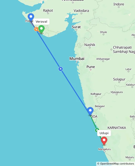 Route map showing distance and travel time from Veraval, India to Udupi, India