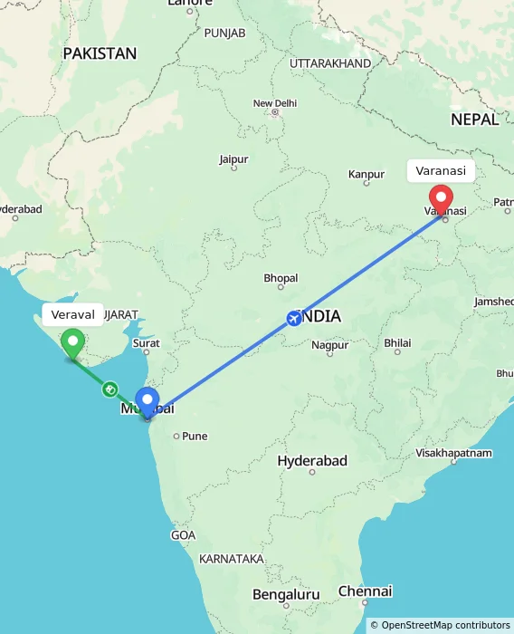 Route map showing distance and travel time from Veraval, India to Varanasi, India
