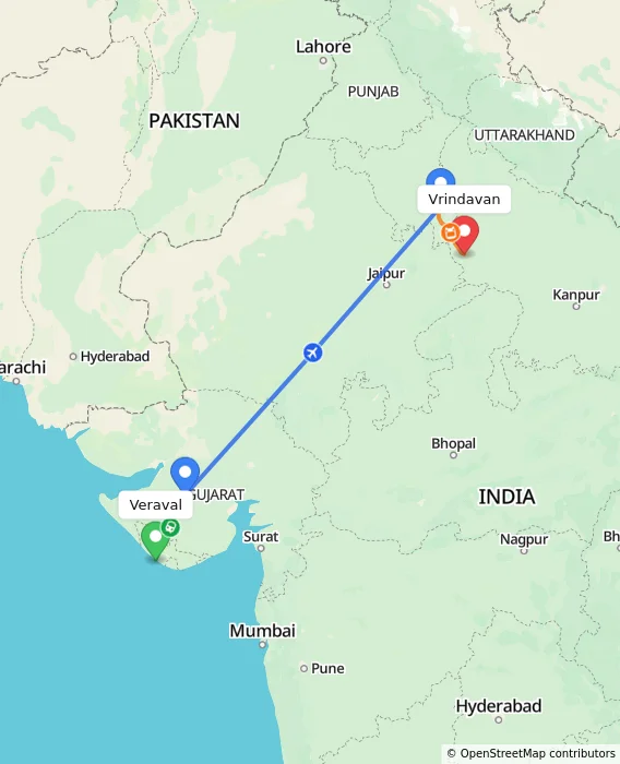 Route map showing distance and travel time from Veraval, India to Vrindavan, India