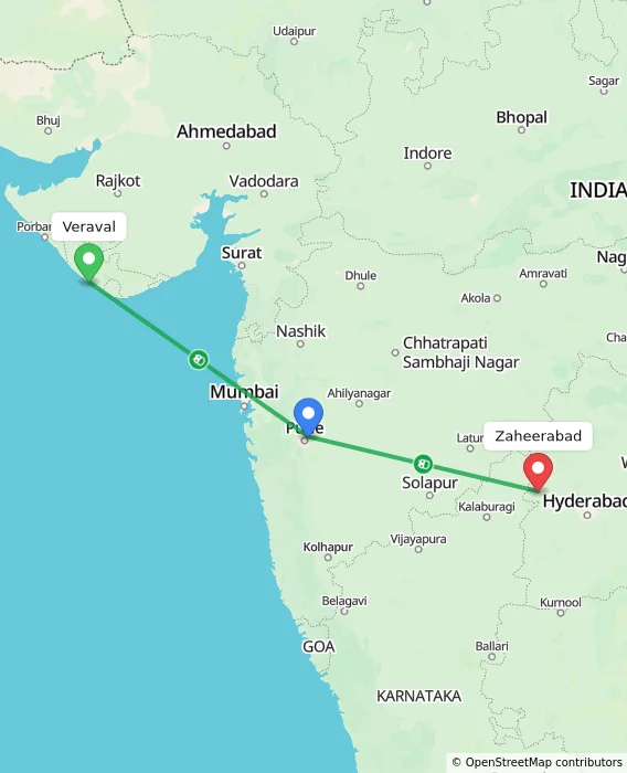 Route map showing distance and travel time from Veraval, India to Zaheerabad, India