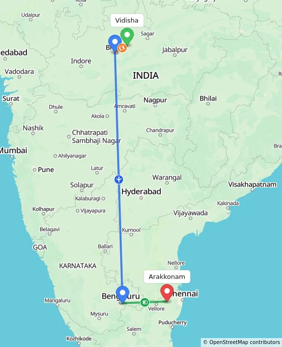Route map showing distance and travel time from Vidisha, India to Arakkonam, India