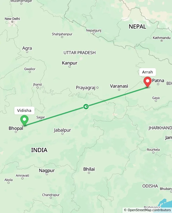 Route map showing distance and travel time from Vidisha, India to Arrah, India