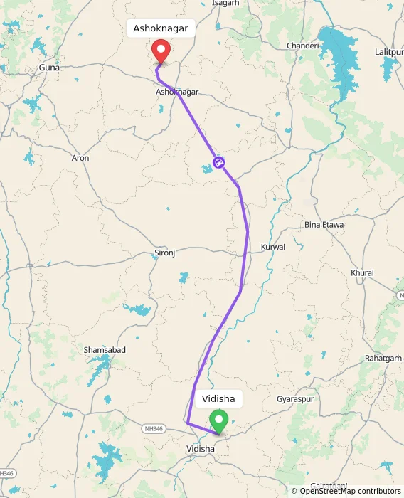 Route map showing distance and travel time from Vidisha, India to Ashoknagar, India