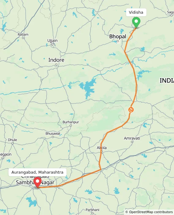 Route map showing distance and travel time from Vidisha, India to Aurangabad, Maharashtra, India