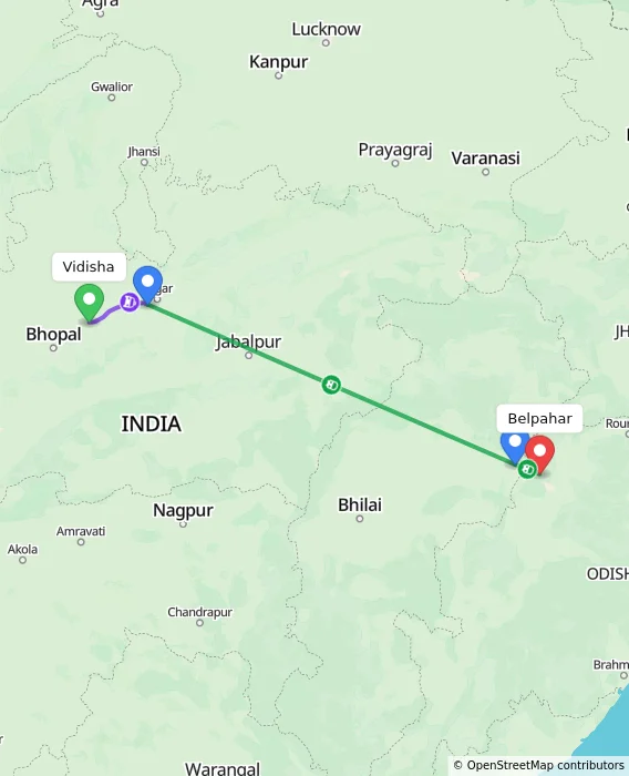 Route map showing distance and travel time from Vidisha, India to Belpahar, India