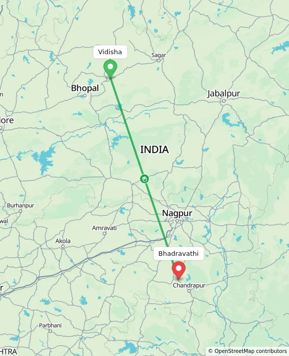 Route map showing distance and travel time from Vidisha, India to Bhadravathi, India