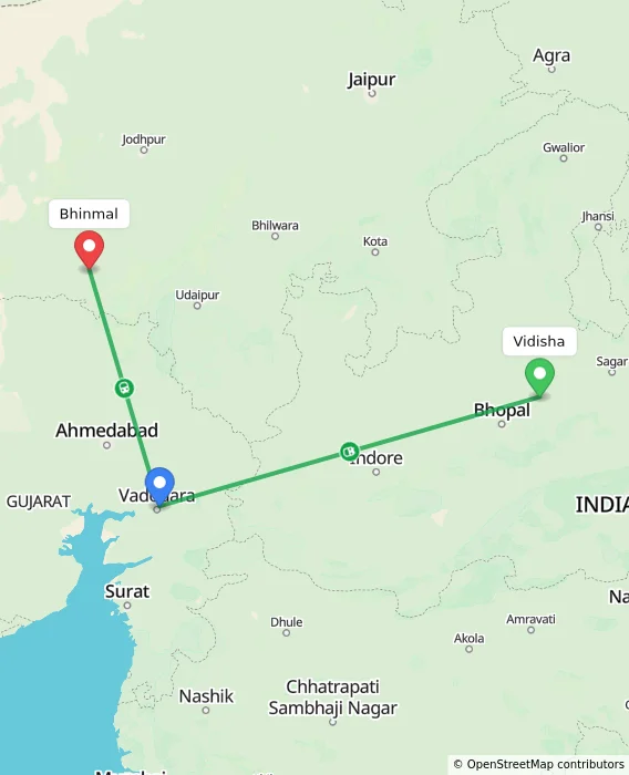 Route map showing distance and travel time from Vidisha, India to Bhinmal, India