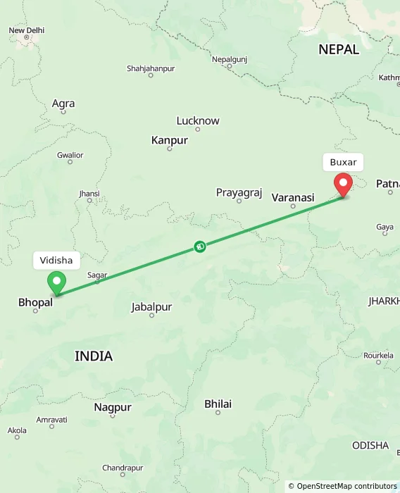 Route map showing distance and travel time from Vidisha, India to Buxar, India