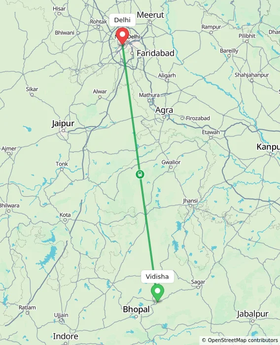 Route map showing distance and travel time from Vidisha, India to Delhi, India