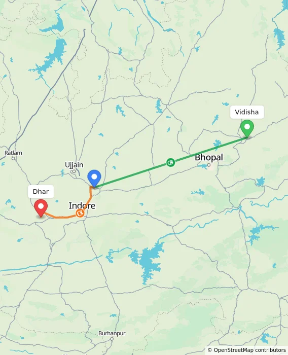 Route map showing distance and travel time from Vidisha, India to Dhar, India