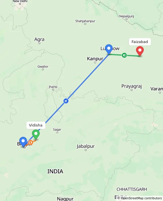 Route map showing distance and travel time from Vidisha, India to Faizabad, India