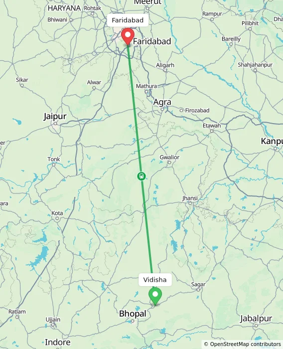 Route map showing distance and travel time from Vidisha, India to Faridabad, India