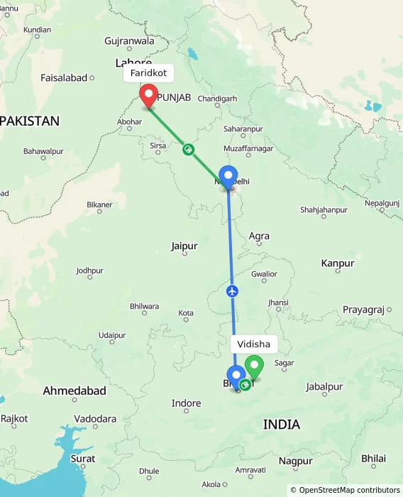 Route map showing distance and travel time from Vidisha, India to Faridkot, India