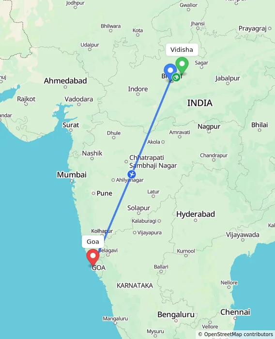 Route map showing distance and travel time from Vidisha, India to Goa, India