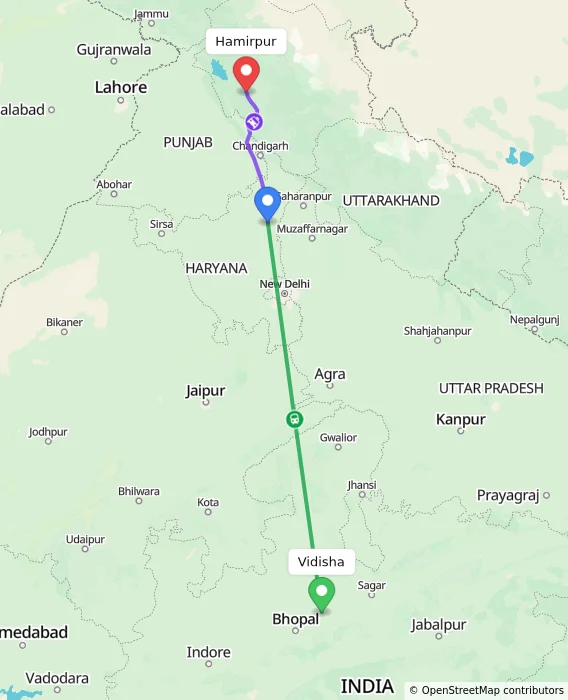Route map showing distance and travel time from Vidisha, India to Hamirpur, India