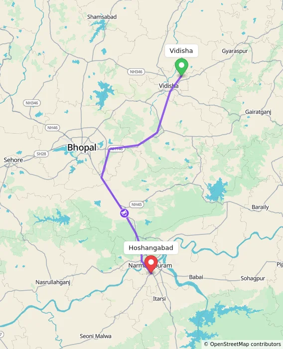 Route map showing distance and travel time from Vidisha, India to Hoshangabad, India