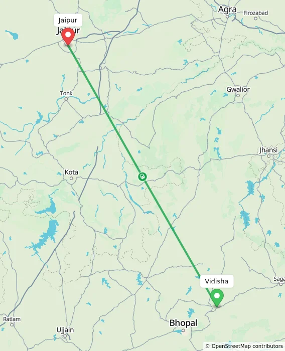 Route map showing distance and travel time from Vidisha, India to Jaipur, India