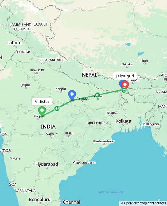 Route map showing distance and travel time from Vidisha, India to Jalpaiguri, India
