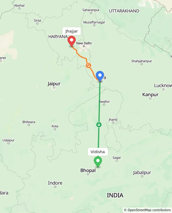 Route map showing distance and travel time from Vidisha, India to Jhajjar, India