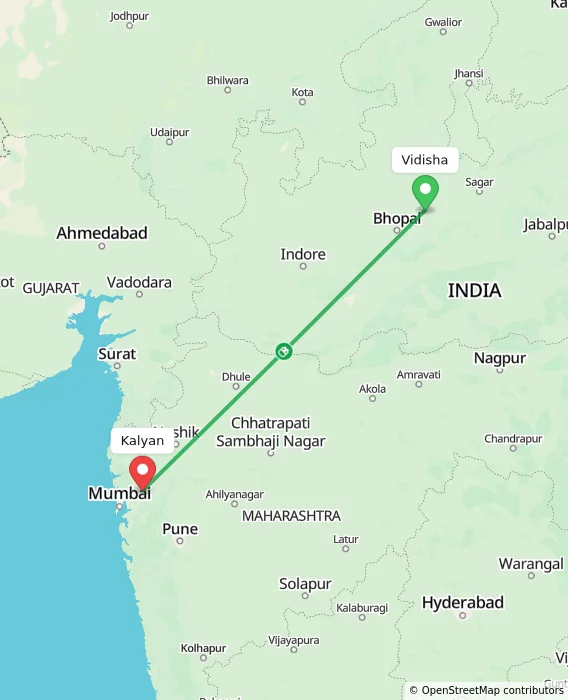 Route map showing distance and travel time from Vidisha, India to Kalyan, India