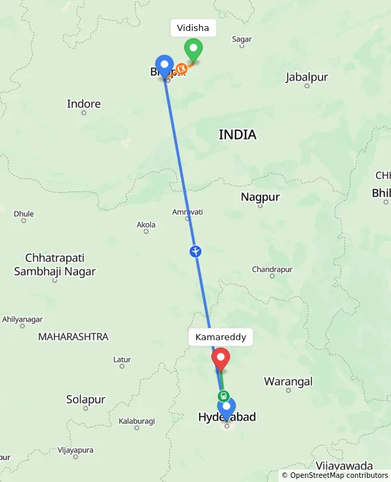 Route map showing distance and travel time from Vidisha, India to Kamareddy, India