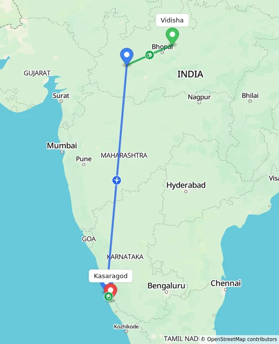 Route map showing distance and travel time from Vidisha, India to Kasaragod, India