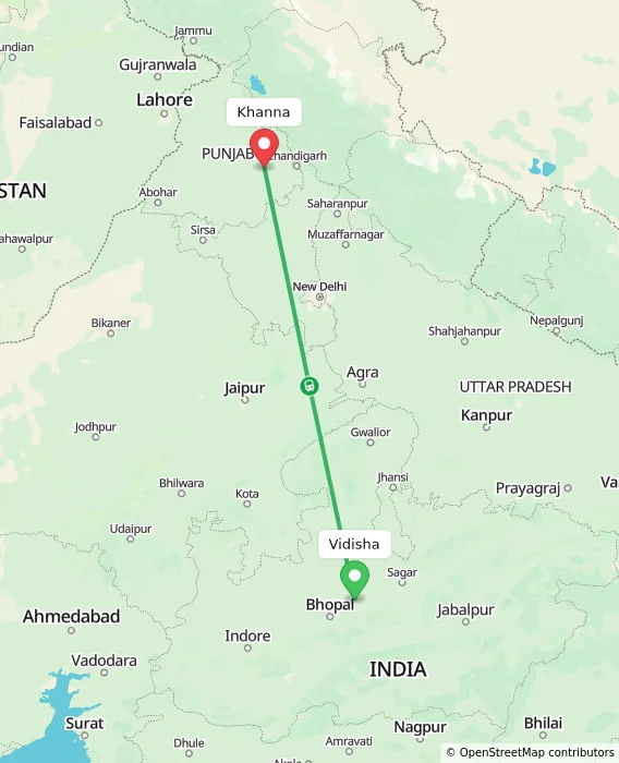 Route map showing distance and travel time from Vidisha, India to Khanna, India