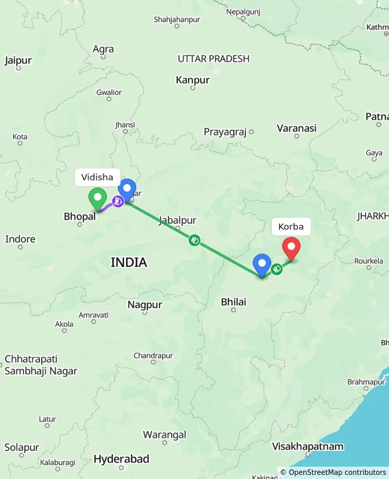 Route map showing distance and travel time from Vidisha, India to Korba, India