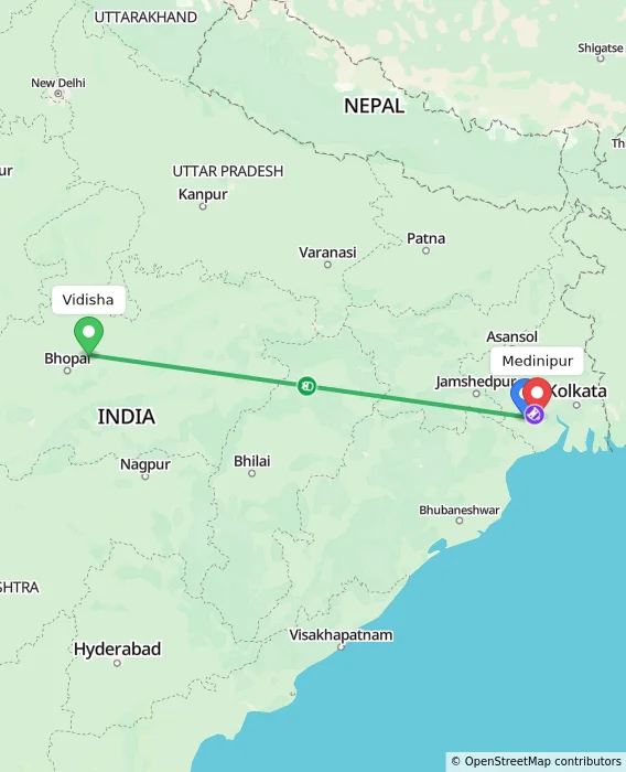 Route map showing distance and travel time from Vidisha, India to Medinipur, India