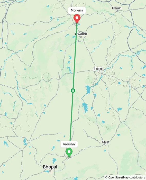 Route map showing distance and travel time from Vidisha, India to Morena, India