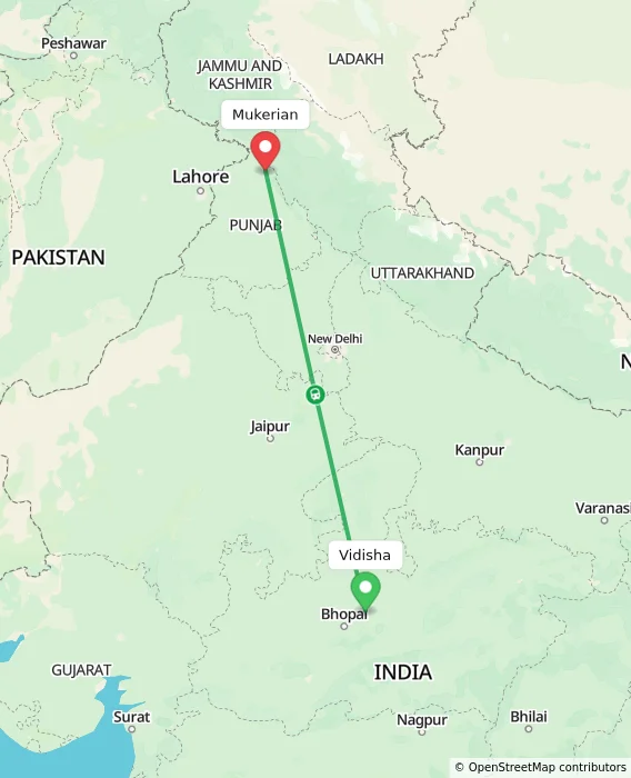 Route map showing distance and travel time from Vidisha, India to Mukerian, India