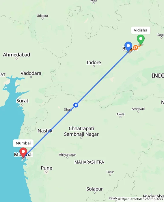 Route map showing distance and travel time from Vidisha, India to Mumbai, India