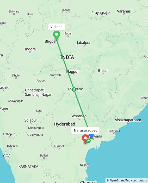 Route map showing distance and travel time from Vidisha, India to Narasaraopet, India