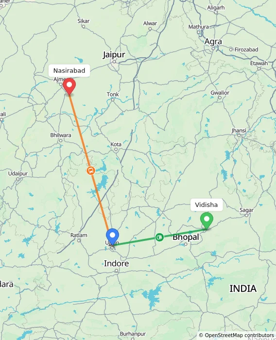 Route map showing distance and travel time from Vidisha, India to Nasirabad, India
