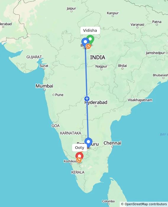 Route map showing distance and travel time from Vidisha, India to Ooty, India